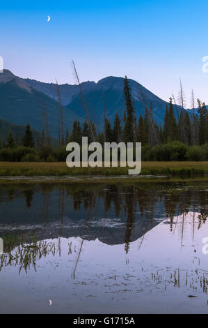 Moon Rising über Mt. Rundle hinter Vermillion Seen im Banff National Park. Stockfoto