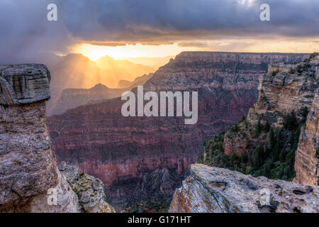 Sonnenstrahlen glänzen durch eine Schnee-Bö über Cedar Ridge und Pattie Butte gesehen vom Mather Point in Grand Canyon National Park Stockfoto