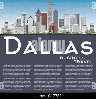 Dallas Skyline mit grauen Gebäuden, blauer Himmel und Textfreiraum. Vektor-Illustration. Geschäftsreisen und Tourismus-Konzept Stock Vektor