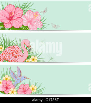 Horizontale tropischen Banner mit Blüten und Blättern. Grüne Natur Hintergründe mit Vögel und Blumen. Stockfoto