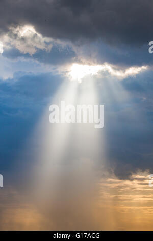 Sun Ray Licht durch nach unten von Regenwolke bei Sonnenuntergang Stockfoto