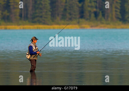 Fliegen Sie Angler Fliegenfischen in Lake, Banff Nationalpark, Alberta, Rocky Mountains, Kanada Stockfoto