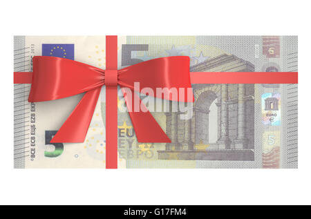 5 Euro-Banknoten mit roter Schleife, Geschenk-Konzept. 3D-Rendering Stockfoto