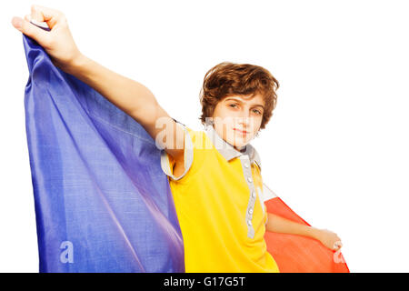 Bild des jungen französischen Flagge hinter Stockfoto