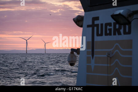 Morgen auf einem Fugro Schiff arbeiten am Walney Erweiterung Offshore-Windpark im Vereinigten Königreich Stockfoto