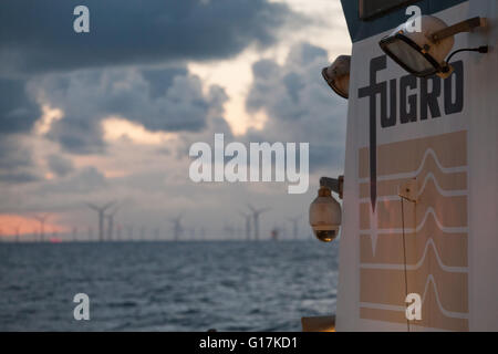 Morgen auf einem Fugro Schiff arbeiten am Walney Erweiterung Offshore-Windpark im Vereinigten Königreich Stockfoto