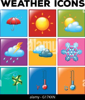 Verschiedene Wettersymbole auf farbigen Hintergrund illustration Stock Vektor