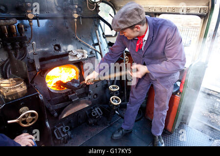 Ein Feuerwehrmann bei der Arbeit auf der Fußplatte ein Ex-BR 9F Fracht Lokomotive auf der West Somerset Railway, England, UK Stockfoto