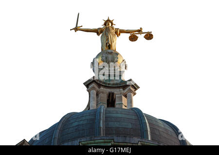 Schneiden Sie aus dem Gold Justitia Statue auf der Spitze des Old Bailey in London, England. Stockfoto