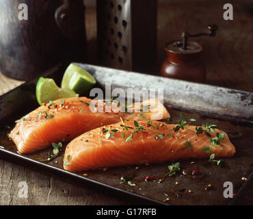 Roher Lachs mit Limettenscheiben, Kräuter und Gewürze auf Backblech Stockfoto