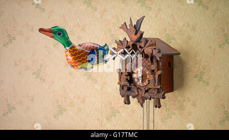 Tin Toy Ente entspringen aus der Kuckucksuhr Stockfoto