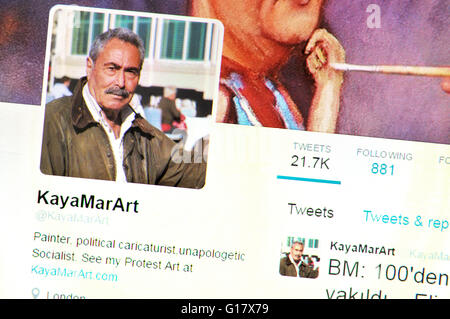 Twitter-Homepage Screenshot: Kaya Mar, türkische satirische Zeichner (Mai 2016) Stockfoto