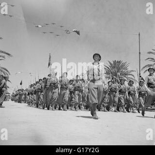 Französische Truppen vorbei Überprüfung Stand an Alliierten Siegesparade entlang Avenue Gambetta als amerikanische Flugzeuge fliegen über Kopf in Show der Alliierten macht, Tunis, Tunesien, Marjorie Collins für Büro der Krieg-Informationen, 20. Mai 1943 Stockfoto