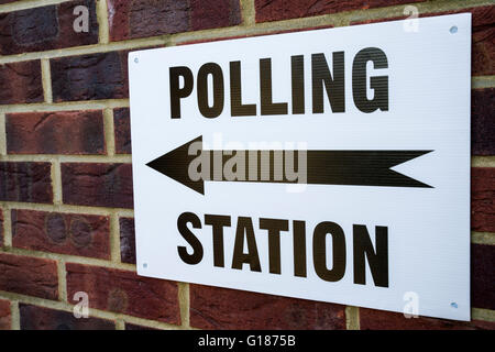 Ein Schild vor einem Wahllokal am Wahltag im Vereinigten Königreich. Stockfoto