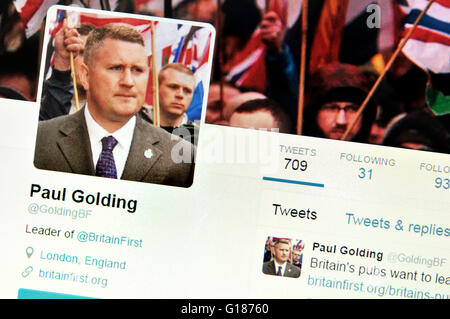 Twitter-Homepage Screenshot: Paul Golding, Britain First (Mai 2016) Stockfoto