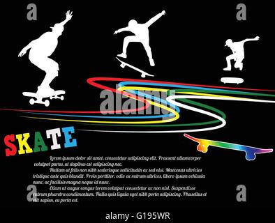 Skateboarding Plakat Hintergrund mit Spielern Silhouette auf schwarz, Vektor-illustration Stock Vektor