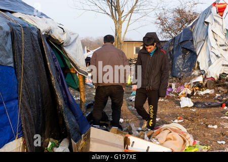 Suchen Habseligkeiten zu retten, die nach dem 1. Vertreibung und Brände. Den Dschungel Refugee and migrant Camp, Calais, Frankreich Stockfoto