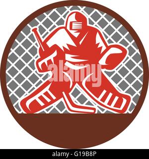 Abbildung ein Eishockey Torhüter tragen Helm Holding Hockeyschläger im inneren Kreis von vorne mit Net gesehen, auf die Stock Vektor