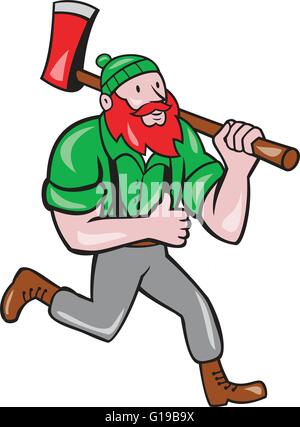 Abbildung einer Paul Bunyan Daumen ein amerikanischen Holzfäller Sawyer Wald tragen Axt auf Schulter läuft auf isolierten weißen Hintergrund getan im Cartoon-Stil eingerichtet. Stock Vektor