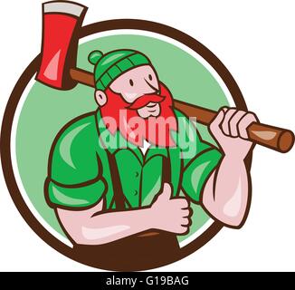 Abbildung einer Paul Bunyan Daumen ein amerikanischen Holzfäller Sawyer Wald tragen Axt auf Schulter im inneren Kreis auf isolierte Hintergrund getan im Cartoon-Stil eingerichtet. Stock Vektor