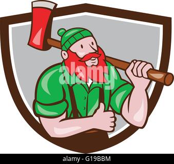 Abbildung einer Paul Bunyan Daumen ein amerikanischen Holzfäller Sawyer Wald tragen Axt auf Schulter eingerichtet innen Schild Wappen auf Stock Vektor