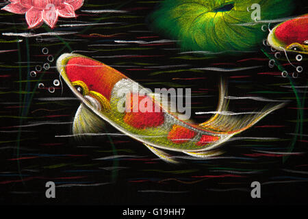 Pom Goldfisch Street Art Fisch malen. Karpfen fische Abbildung, mit der geschwungenen Kurven der fish Blowing Bubbles. Thailand Artwork. Stockfoto