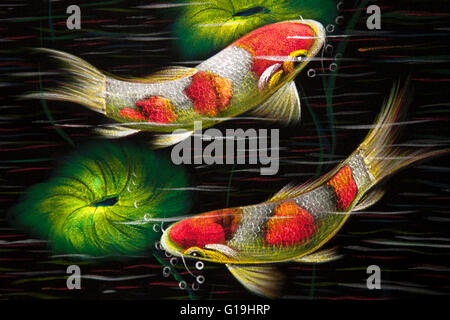 Pom Goldfisch Street Art Fisch malen. Karpfen fische Abbildung, mit der geschwungenen Kurven der fish Blowing Bubbles. Thailand Artwork. Stockfoto