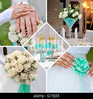 Hochzeit-Collage in Minze und blauen Farben Stockfoto