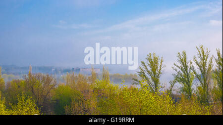 Blick auf die Stadt im Morgennebel im zeitigen Frühjahr Stockfoto