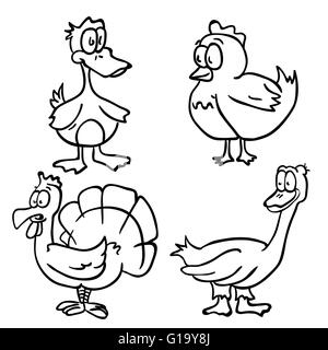 häuslichen Vögel Schwarzweiß Comic-doodle Stock Vektor