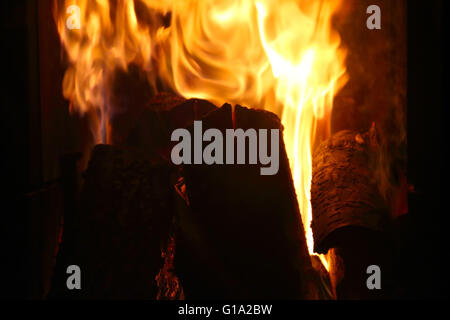 Wappen der Flamme auf die Verbrennung von Holz im Kamin hautnah Stockfoto