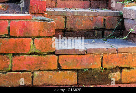 Close up Portrait of Vintage roter Backstein Muster Wandbeschaffenheit und Schritte Stockfoto
