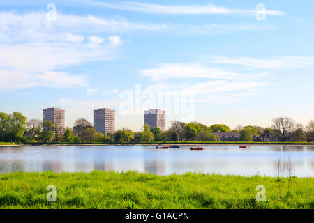 Frühlings-Blick auf Stoke Newington West Reservoir, Hackney, London mit grünen Rasen, blauer Himmel und ein paar schwimmende Boote Stockfoto