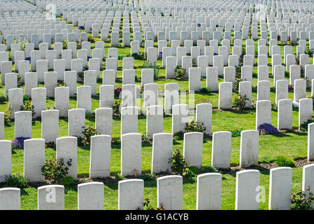 Weißen Grabsteinen auf dem Tyne Cot Friedhof, CWGC Begräbnisstätte für ersten Weltkrieg britische Soldaten, West-Flandern, Belgien Stockfoto