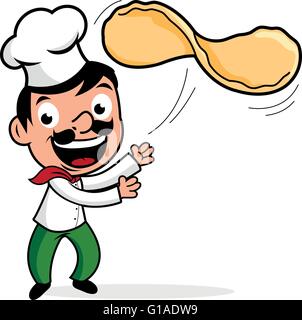 Cartoon italienischer Koch Pizzabacken, warf Pizzateig. Stock Vektor