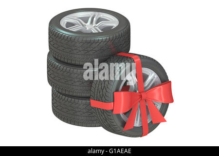 Geschenk-Set Räder verpackt Band und Bogen, 3D-Rendering isolierten auf weißen Hintergrund Stockfoto