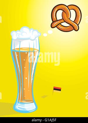 Vektor-Illustration von Bier denken der Brezel mit deutscher Flagge auf gelbem Hintergrund Stock Vektor