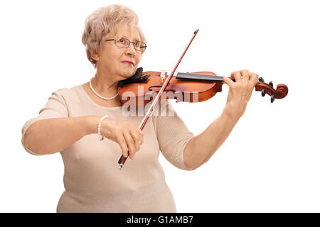 Reife Frau spielt akustische Geige isoliert auf weißem Hintergrund Stockfoto