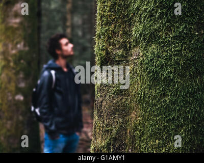 Junge Wanderer in den Wäldern stützte sich auf einen Baum, Moos bedeckt Baum im Vordergrund, selektiven Fokus Stockfoto