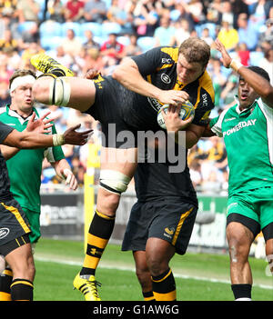 Ricoh Arena in Coventry, UK. 7. Mai 2016. Aviva Premiership. Wespen im Vergleich zu London Iren. Joe Launchbury in Aktion für Wespen. © Aktion Plus Sport/Alamy Live-Nachrichten Stockfoto