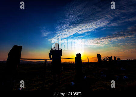 Eine Silhouette Wanderer auf halkyn Berg in ländlichen Flintshire mit einem Schaf bei Sonnenuntergang mit den Posts und Schienen eines Schafstall silouetted gegen thw untergehende Sonne, Wales, Großbritannien Stockfoto