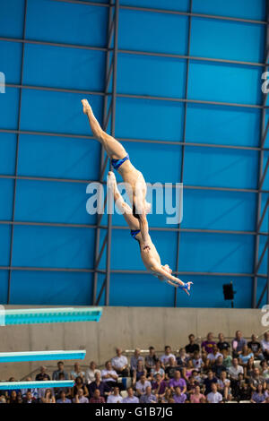 Aquatics Centre, Olympic Park, London, Großbritannien. Mai 2016. Die russischen Taucher Roman Izmailov und Viktor Minibaev während ihres Synchro-Tauchgangs 2. Runde Reverse Dive Pike. Die Deutschen Sascha Klein und Patrick Hausding holen sich Gold, das britische Team von Tom Daley und Daniel Goodfellow gewinnt Silber beim 10-m-Synchro-Finale der Diving Men, European Diving Championships, London. Kredit: Imageplotter Nachrichten und Sport/Alamy Live Nachrichten Stockfoto