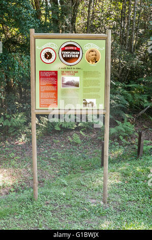 KNYSNA, Südafrika - 5. März 2016: Info-Tafel, wo die historischen Templeman Station am Ysterhoutrug Stand Stockfoto