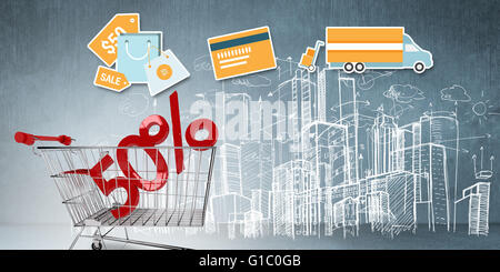 Zusammengesetztes Bild digital shopping-Diagramm auf einem weißen Hintergrund Stockfoto