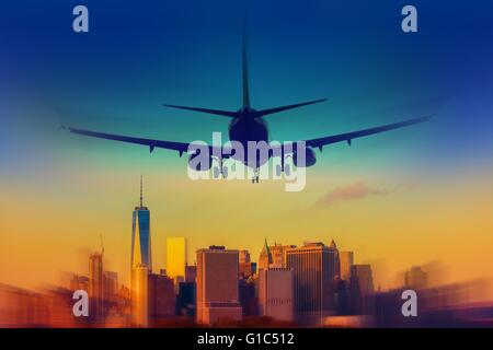 New York City Destination abstrakter Begriff. Flugzeug Landung in New York.