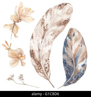 Herbst botanische detaillierte Iluustration im tribal-Stil in braun und indigo Farben isoliert auf weißem Hintergrund Stockfoto