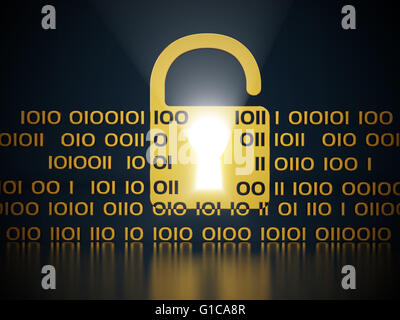 Vorhängeschloss-Symbol und Binär-Code auf schwarzem Hintergrund. Internet-Security-Konzept. Stockfoto