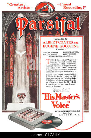 1925-UK Anzeige für eine Aufnahme von Wagners Parsifal auf der His Master-Sprachausgabe-Label. Stockfoto