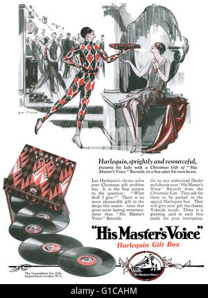 1928-UK Anzeige für His Master es Voice Weihnachten Harlekin-Geschenk-Box. Stockfoto