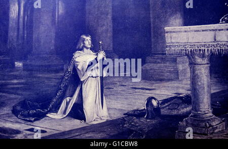 Drucken mit dem Titel "The Vigil": ein Ritter des Mittelalters widmet seine Arme, der Service des Christentums durch John Pettie (1839-1893), ein schottischer Maler und Mitglied der Royal Academy. Vom 19. Jahrhundert Stockfoto